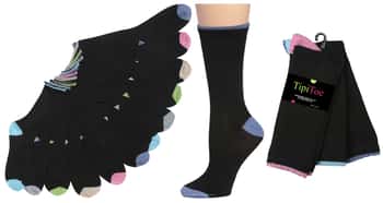 Women's Casual Crew Socks - Black w/ Pastel Trim - Size 9-11 - 3-Pair Packs