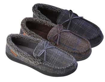 Men's Plaid Moccasin Slipper Shoes w/ Sherpa Trim & Embroidered Ribbon - Choose Your Size(s)
