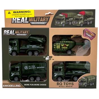 4 Pack Pull Back Toy Army Truck and Helicopter Assortment