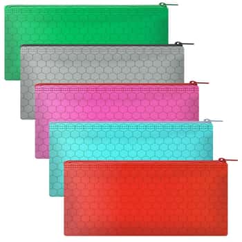 Pencil Pouches w/ Zipper & Embroidered Hexagon Patterns - Assorted Colors