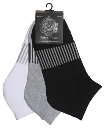 Men's Cushioned Athletic Low Cut Socks w/ Arch Support - Solid w/ Stripes - 3-Pair Packs