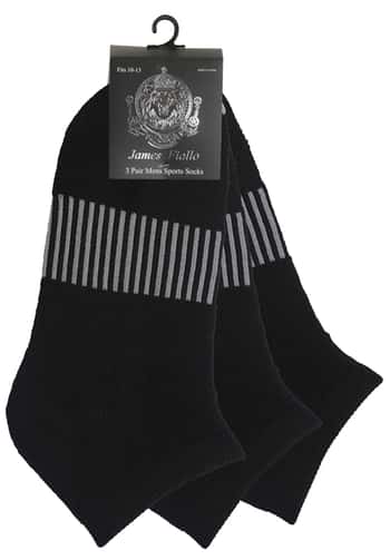 Men's Cushioned Athletic Low Cut Socks w/ Arch Support - Black w/ Stripes - 3-Pair Packs