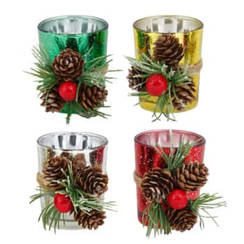 Votive Candle Holder Crackle W/pinecones/berrys/greens 4ast Colors Upc Label