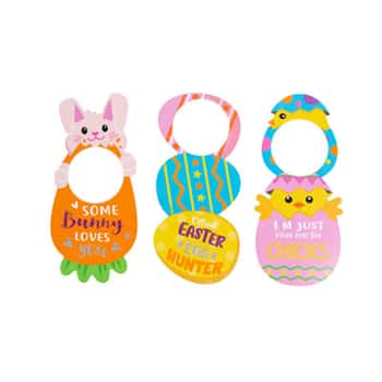Door Greeter Easter Mdf 3ast Bunny/egg/chick Mdf Comply/label 9.25in L W/glitter