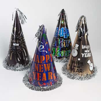 New Year Party Hat 12.5in 4ast Paper/foil W/silver Tinsel Trim Inside Adult Use/upc Label