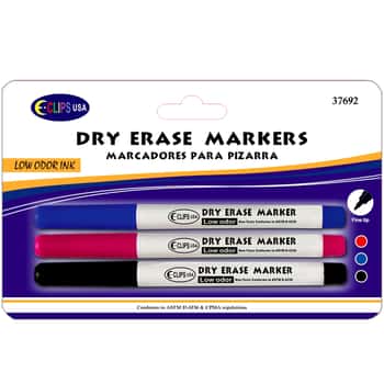 Low Odor Dry-Erase Markers w/ Fine Tip - Assorted Colors - 3-Pack
