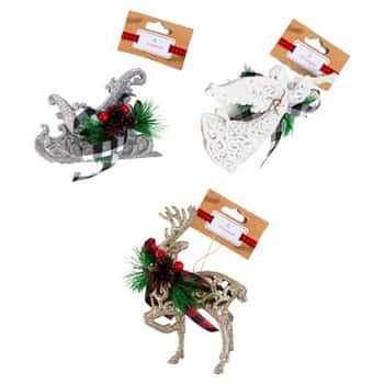 Ornament Glitter W/greens 3 Ast Styles/3clrs W/wht Or Red Checkbow Angel/deer/sled Xmas Hdr