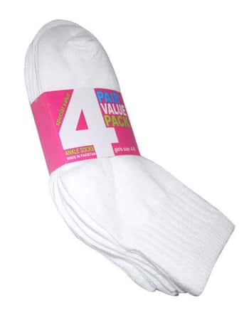 Children's White Athletic Ankle Socks - Size 4-6 - 4-Pair Packs