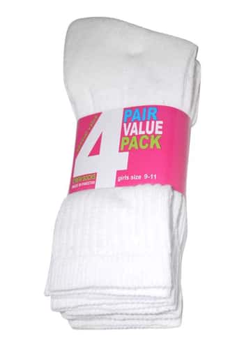 Children's White Athletic Crew Socks - Size 6-8 - 4-Pair Packs
