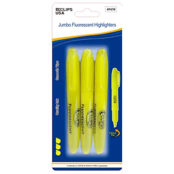 Jumbo-Size Fluorescent Yellow Highlighters - Chisel Tips - 3-Pack
