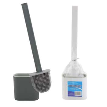 Toilet Brush/holder Set Flexible Tpr Bristle Compact Size Pb/lbl 2ast Colors White/grey