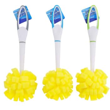Dish Brush Sponge Pom Head 12.2in Plastic Handle Clean Ht 3ast Colors W/yellow Head