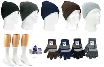 Adult Cuffed Winter Knit Hats, Men's Knit Gloves, and Men's Crew Socks Combo