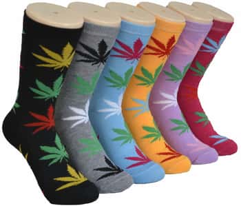 Women's Novelty Crew Socks - Marijuana Leaf Print - Size 9-11