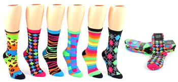 Women's Novelty Crew Socks - Neon Prints - Size 9-11
