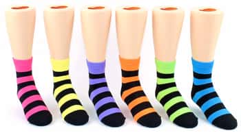 Boy's & Girl's Novelty Crew Socks - Neon & Black Stripes - Size 6-8