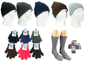 Adult Cuffed Winter Knit Hats, Adult Magic Gloves, and Men's Merino Wool Blend Socks Combo