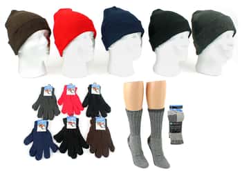 Adult Cuffed Winter Knit Hats, Adult Magic Gloves, and Women's Merino Wool Blend Socks Combo