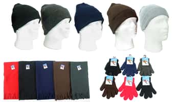 Adult Cuffed Winter Knit Hats, Adult Magic Gloves, and Adult Solid Fleece Scarves