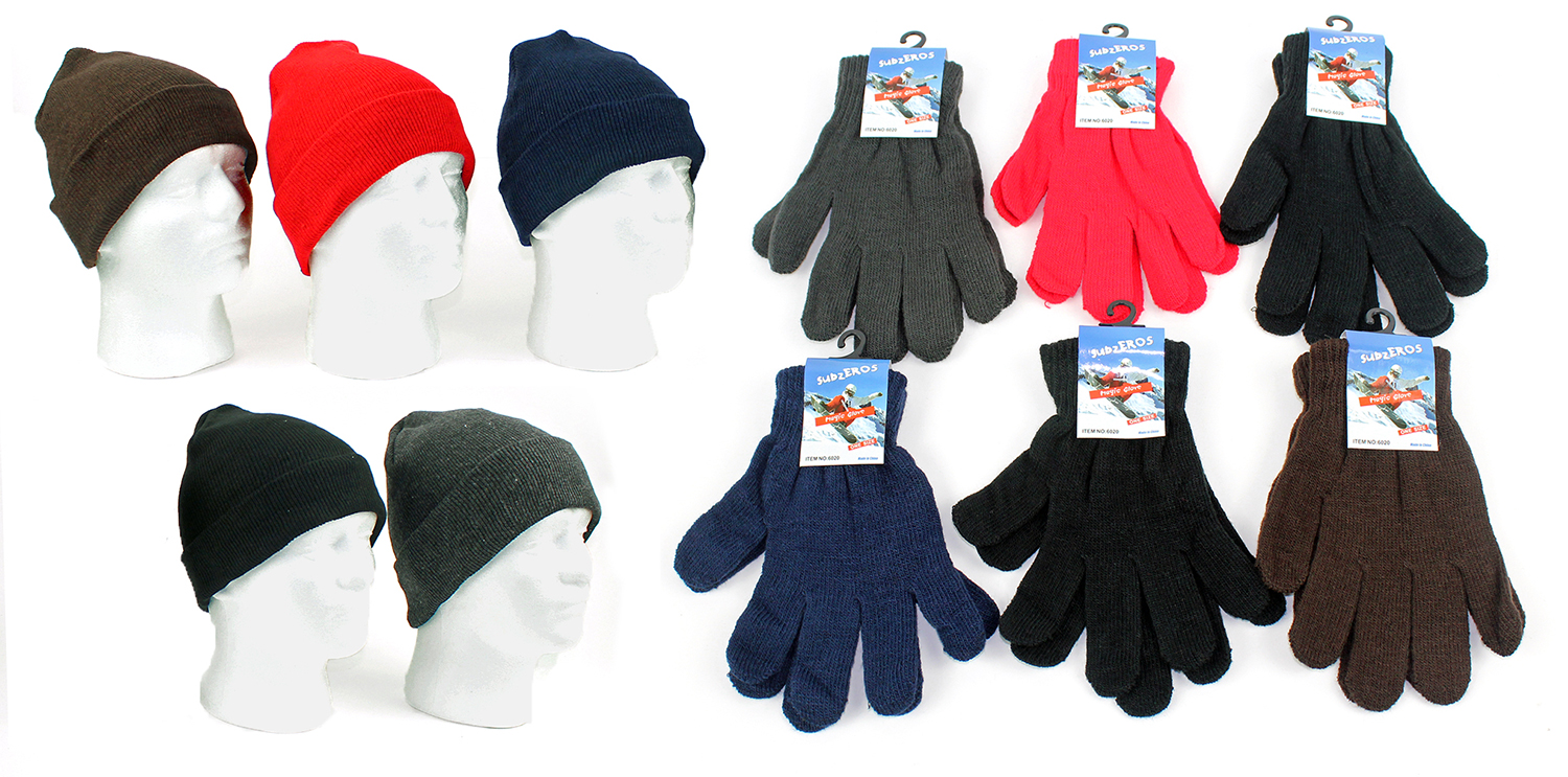 Cuffed Winter Knit Hats and Magic Gloves Combo Packs