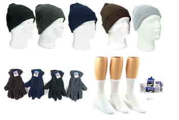 Adult Cuffed Winter Knit Hats, Men's Fleece Gloves, and Men's Crew Socks Combo