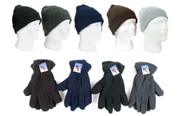 Adult Cuffed Winter Knit Hats and Men's Fleece Gloves Combo Packs