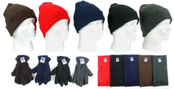 Adult Cuffed Winter Knit Hats, Men's Fleece Gloves, and Adult Solid Color Scarves