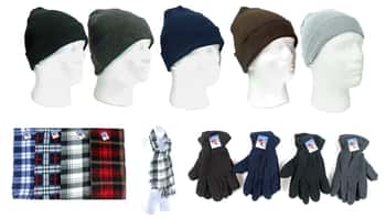 Adult Cuffed Winter Knit Hats, Men's Fleece Gloves, and Adult Checkered Scarves Combo