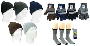 Adult Cuffed Winter Knit Hats, Men's Knit Gloves, and Men's Angora Wool Blend Socks Combo