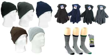 Adult Cuffed Winter Knit Hats, Men's Fleece Gloves, and Men's Angora Wool Blend Socks Combo