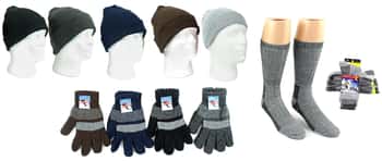 Adult Cuffed Winter Knit Hats, Men's Knit Gloves, and Men's Wool Blend Socks Combo