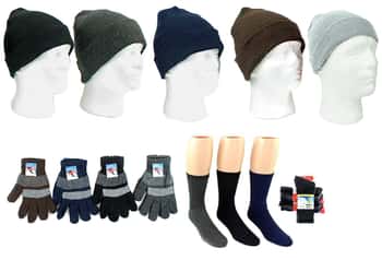 Adult Cuffed Winter Knit Hats, Men's Knit Gloves, and Men's Wool Blend Socks Combo