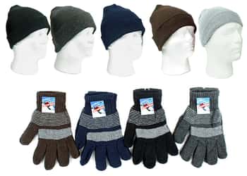 Adult Cuffed Winter Knit Hats and Men's Knit Gloves Combo Packs