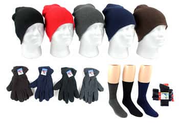 Adult Beanie Winter Knit Hats, Men's Fleece Gloves, and Men's Wool Blend Socks Combo