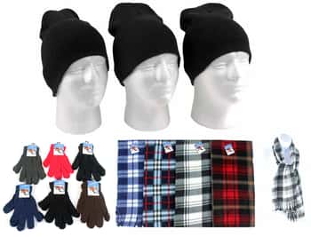 Adult Beanie Winter Knit Hats, Adult Magic Gloves, and Adult Checkered Scarves Combo Packs