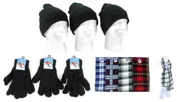 Adult Beanie Winter Knit Hats, Adult Magic Gloves, and Adult Checkered Scarves Combo Packs