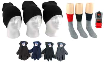 Adult Beanie Winter Knit Hats, Men's Fleece Gloves, and Men's Thermal Socks Combo