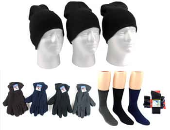Adult Beanie Winter Knit Hats, Men's Fleece Gloves, and Men's Wool Blend Socks Combo