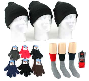 Adult Cuffed Winter Knit Hats, Adult Magic Gloves, and Men's Thermal Crew Socks Combo