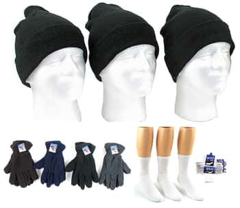 Adult Cuffed Winter Knit Hats, Men's Fleece Gloves, and Men's Crew Socks Combo