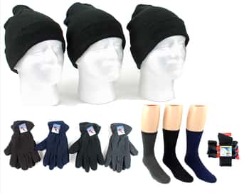 Adult Cuffed Winter Knit Hats, Men's Fleece Gloves, and Men's Wool Blend Socks Combo