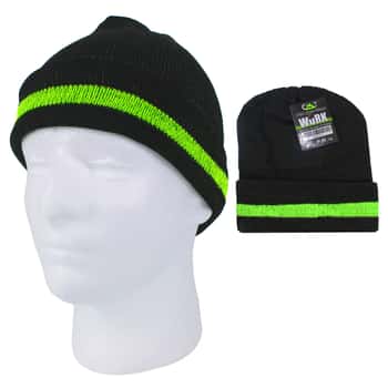 Adult Cuffed Cotton Blend Winter Knit Hats - Black w/ Safety Green Detail