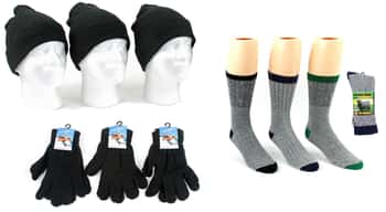 Adult Cuffed Winter Knit Hats, Adult Magic Gloves, and Men's Angora Wool Blend Socks Combo