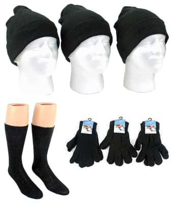 Adult Cuffed Winter Knit Hats, Adult Magic Gloves, and Men's Merino Wool Blend Socks (Black) Combo