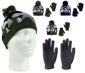 Boy's Premium Pom Pom Winter Hat & Glove Sets w/ Army Camo Print