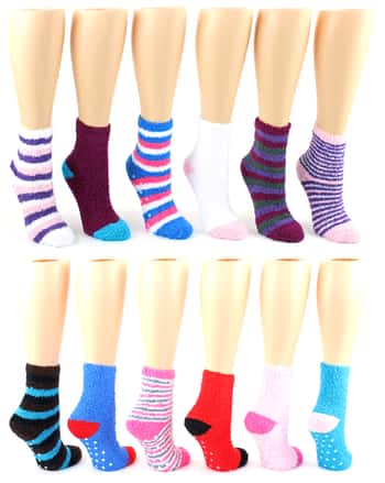 Women's Fuzzy Ankle Socks w/ Non-Skid Grips - Assorted Prints - Size 9-11