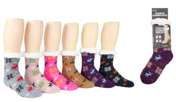 Women's Cozy Knit Sherpa Lined Slipper Socks w/ Non-Skid Grips - Fair Isle Print w/ Reindeers