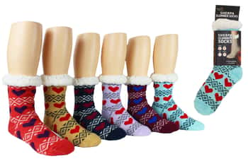 Women's Cozy Knit Sherpa Lined Slipper Socks w/ Non-Skid Grips - Fair Isle Print w/ Hearts