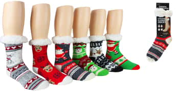 Women's Cozy Knit Sherpa Lined Slipper Socks w/ Non-Skid Grips - Christmas & Wintery Prints