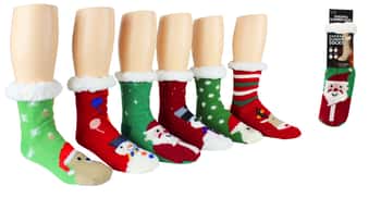 Women's Cozy Knit Sherpa Lined Slipper Socks w/ Non-Skid Grips - Christmas Prints